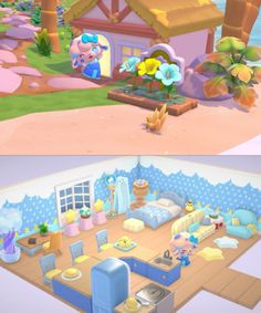 an animal crossing game is shown in two different screens, one with a house and the other with flowers on it