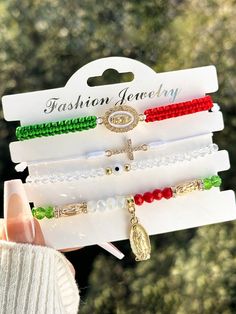 4pcs/Set Fashion Mexican Series Cross Virgin Mary Bracelets With Card, Red White Green Braided Bracelet Adjustable Women's Bracelet  Christmas Gift Multicolor    Polyester     Women Fashion Jewelry, size features are:Bust: ,Length: ,Sleeve Length: Mexican Jewelry Bracelets, Latina Jewelry, Rapper Jewelry, Latest Bracelets, Wrist Jewelry, Mexican Jewelry, Beads Bracelet Design, Christmas Bracelet, Watches Women Fashion