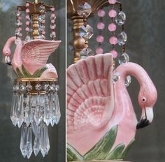 a pink flamingo chandelier hanging from a window next to a photo of a pink bird