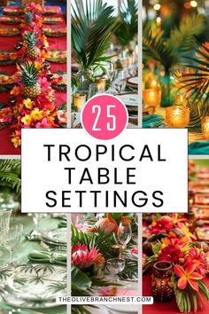 tropical table settings with candles and flowers on the tables for an outdoor dinner party