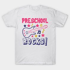 Preschool Rocks Back to School Kids -- Choose from our vast selection of Crewneck and V-Neck T-Shirts to match with your favorite design to make the perfect graphic T-Shirt. Pick your favorite: Classic, Boxy, Tri-Blend, V-Neck, or Premium. Customize your color! For men and women. White Rock And Roll T-shirt For Streetwear, White Music-themed T-shirt With Text Print, Rock And Roll White T-shirt For Streetwear, White Graphic Rock And Roll T-shirt, White Retro T-shirt For Back To School, White Graphic T-shirt For School, White Rock And Roll T-shirt For Concert, Back To School Graphic Tee With Screen Print, School Graphic Tee With Logo Print