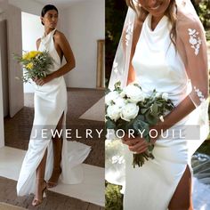 a woman in a white wedding dress holding a bouquet and standing next to another woman