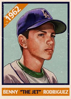 a baseball card with a drawing of a young man wearing a blue hat and green shirt