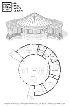 the floor plan for a large building with two levels and an observation dome on top