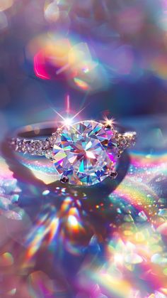 a diamond ring sitting on top of a shiny surface with bubbles in the back ground