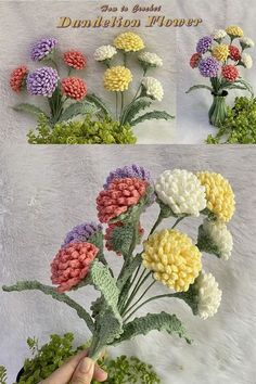 crocheted flowers arranged in different colors and sizes