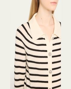 Veronica Beard "Cheshire" striped cardigan in soft cashmere     Point collar; buttonfront    Long sleeves; approx. 31"L    Relaxed fit    Hem sits at the hip    Cashmere    Dry clean    Imported Striped Cardigan With Button Closure For Work, Striped Cardigan For Workwear, Striped Sweater With Button Closure For Work, Classic Striped Sweater For Work, Striped Button Cardigan For Work, Striped Cardigan With Buttons For Work, Striped Cardigan, Cashmere Cardigan, Veronica Beard