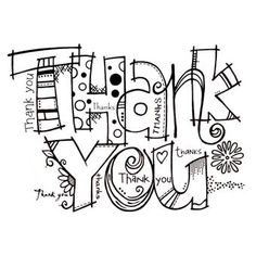 the words thank you are written in black and white with lots of doodles on it