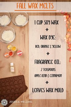 the ingredients for fall wax melts laid out on a wooden table with text overlay