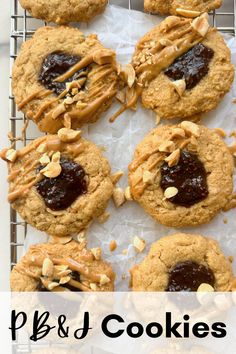 peanut butter and jelly cookies on a cooling rack with the words p & j cookies