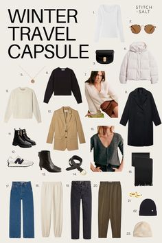 Winter Travel Capsule - Stitch & Salt Europe Capsule Wardrobe Winter, Cold Weather Travel Capsule Wardrobe, Minneapolis Winter Outfit, Winter Carry On Capsule Wardrobe, Work Travel Packing List, Winter Capsule Travel Wardrobe, Winter Trip Capsule Wardrobe, Winter Luggage Packing, Weekend Winter Packing List