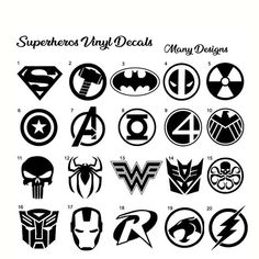 the logos and emblems of all superhero movies are shown in black on white paper