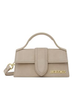 Jacquemus: Beige Le Papier 'Le Bambino' Clutch | SSENSE Dark Beige, Metal Logo, Isle Of Man, Nubuck Leather, Handle Bag, Metallic Logo, Haiti, Leather Top, Madagascar