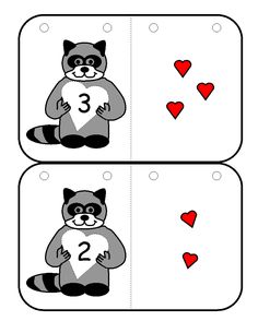 a raccoon card with the number three on it and hearts in the background