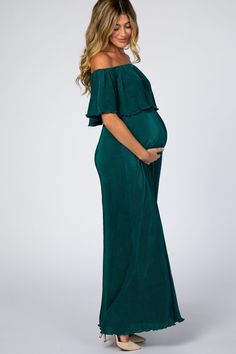 Forest Green Pleated Ruffle Off Shoulder Maternity Maxi Dress – PinkBlush Pregnant Wedding Guest Outfits, Maternity Dress Wedding Guest, Blush Maternity Dress, Green Maternity Dresses, Cocktail Dress Maternity, Off Shoulder Neckline, Pink Blush Maternity Dress, Pleated Knit, Winter Wedding Guest Dress