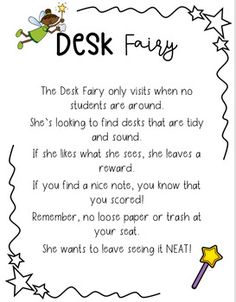 a poem written in black and white with the words desk fairy on it's side