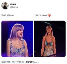 two pictures of taylor swift and taylor swift on stage with the caption'first show last show '