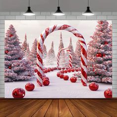 a christmas scene with candy canes and trees