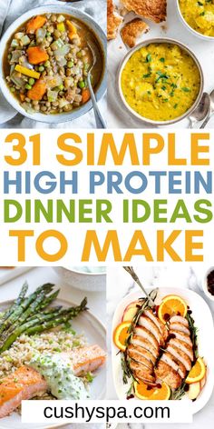 the cover of 31 simple high protein dinner ideas to make, including fish and vegetables