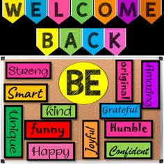 a bulletin board with the words welcome back and be happy written on it in different colors