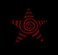 a red and black striped star with spirals on the center is in the dark