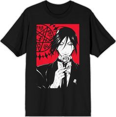 Black Anime Shirt Pre-shrunk, Black Graphic Tee For Cosplay, Black Pop Culture Shirt For Cosplay, Black Band Merch Shirt For Cosplay, Anime Style Black Shirt With Character Print, Black Anime Shirt With Character Print, Black Cotton Anime Shirt, Black Butler Sebastian, Black Graphic Tees