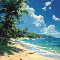 a painting of a tropical beach with palm trees