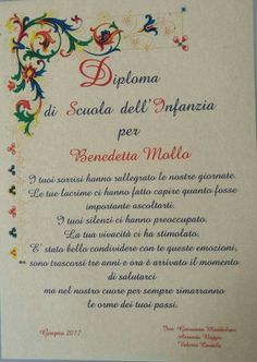 a card with the words disponia di scuola dell'infranza per renedetta mollo