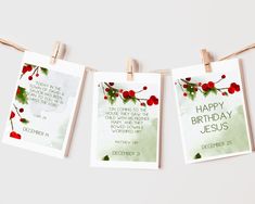 three cards hanging from clothes pins with the words happy birthday jesus