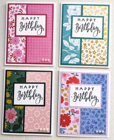 four birthday cards with flowers on them