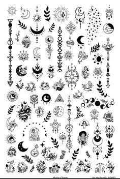 an assortment of tattoo designs on white paper with black and white ink, including the symbols for