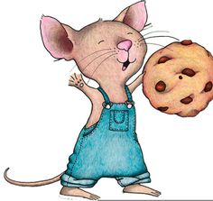 a drawing of a mouse holding a chocolate chip cookie