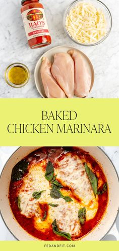 baked chicken marinara in a pan with ingredients on the side and text overlay that reads baked chicken marinara