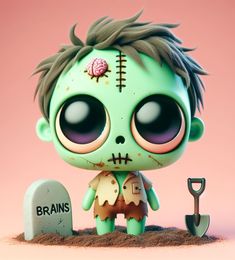 a green zombie doll standing next to a grave with a shovel in it's hand