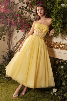 Andrea & Leo A1055 SUNSHINE TEA DRESS Yellow Tea Length Dress, Halter Dress Casual, Work Party Dress, Andrea And Leo, Purple Evening Gowns, Elegant Ball Gowns, Yellow Gown, Prom Dresses Yellow, Night Club Dress