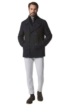 A knit jersey bib adds a contemporary layered look to a water-resistant peacoat that's an outerwear essential. 30 1/2" length (size Medium) Lined 46% wool, 40% polyester, 5% acrylic, 4% nylon, 3% rayon, 2% cotton Dry clean Imported Modern Fitted Outerwear For Commuting, Navy Casual Outerwear With Notch Lapel, Double-breasted Business Casual Peacoat For Winter, Winter Business Casual Double-breasted Peacoat, Modern Long Sleeve Outerwear For Commuting, Navy Wool Outerwear With Concealed Placket, Modern Sport Coat With Double Button For Fall, Winter Business Casual Pea Coat With Concealed Placket, Modern Wool Outerwear For Winter