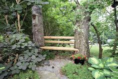 a wooden bench sitting in the middle of a forest next to a tree trunk and flowers