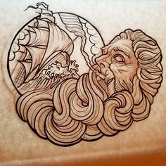 a drawing of a man with long hair and a beard in the shape of a ship