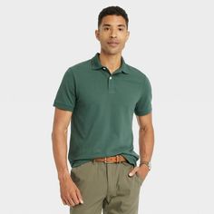 Men's Every Wear Polo Shirt - Goodfellow & Co™ Dark Green L Casual Green Collared Polo Shirt, Casual Green Polo Collar Shirt, Cheap Men's Green Polo Shirt, Green Cotton Sporty Polo Shirt, Cheap Green Polo Collar T-shirt, Rolled Collar, Hem Style, Comfy Fashion, Short Sleeve Polo