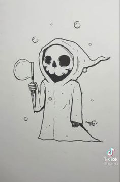 a drawing of a skeleton in a robe holding a spoon and wearing a hoodie