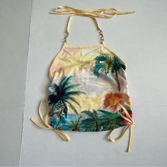 New Never Worn In Excellent Condition Chain At Strap Tropical Floral Print Smoke Free Home Offers Welcome Yellow Halter Top For Spring Vacation, Yellow Halter Neck Top For Vacation, Yellow Sleeveless Halter Top For Beach, Multicolor Tropical Halter Top For Summer, Yellow Beachwear Halter Top For Vacation, Casual Yellow Halter Top For Vacation, Yellow Trendy Halter Top For Beach, Yellow Tropical Tops For Spring, Yellow Tropical Top For Spring