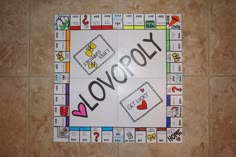 a monopoly board with the word monopoly written on it in black and white letters that spell out love