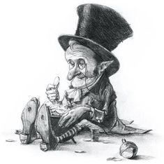 a drawing of an old man sitting on the ground with a hat and cane in his hand