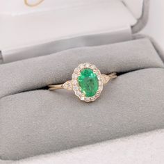 This beautiful dainty ring features a Zambian emerald in solid 14k yellow gold. A classic ring design perfect for daily wear, work or engagement. Zambian Emerald, Classic Ring, Dainty Ring, Diamond Halo, Emerald Ring, Halo Diamond, Prong Setting, Ring Designs, Natural Diamonds