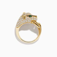 Effy Signature 14K Yellow Gold Diamond and Emerald Panther Ring Luxury Yellow Gold Emerald Ring With Polished Finish, Luxury 14k Yellow Gold Emerald Ring, Luxury 14k Gold Cluster Ring, Luxury 14k Stamped White Gold Emerald Ring, Luxury White Gold Emerald Ring Stamped 14k, Fine Jewelry 14k Gold Emerald Ring With Vs Clarity, Luxury 14k Gold Ring With 17 Jewels, Luxury Round Emerald Ring With Vs Clarity, Luxury 14k Gold Round Cut Cluster Ring