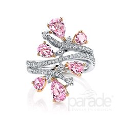 Six rose cut pink sapphires totaling 2.38 cts and 0.64 carats of white diamonds shimmer in this white and rose 18K gold ring. Diamond Info: 60-RD 0.50, 04-RD 0.14, 06-PS 2.38 CTS Fits center stone size: SIZES MAY VARY GUIDE Pink Sapphire Ring, Jewelry Appraisal, Bridal Engagement Rings, Engraved Jewelry, Custom Jewelry Design, Ring Diamond, Gorgeous Jewelry, Designer Engagement Rings