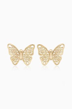 From dinner parties to art shows and everything in between, our Social Butterfly Studs will help you make a shining appearance. Handcrafted in solid gold, these butterflies will offer you feminine glamour and allure. Metal: 14k Yellow Gold Weight: 1.2 Grams Dimensions: 14mm Length, 11mm Width Origin: Crafted in San Zeno, Arezzo, Italy Elegant Pierced Butterfly Jewelry, Luxury Butterfly Charm Jewelry For Formal Occasions, Yellow Gold Butterfly Jewelry For Party, Elegant Gold Butterfly-shaped Earrings, Elegant Butterfly Earrings For Formal Occasions, Yellow Gold Butterfly Party Jewelry, Elegant Gold Butterfly Earrings, Elegant Butterfly Shaped Filigree Jewelry, Elegant Butterfly Filigree Jewelry