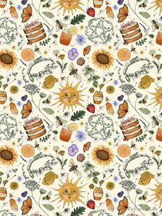 the sunflowers and other flowers are depicted on this white background with many different things