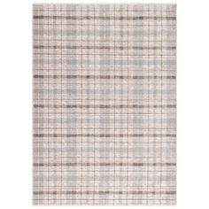 a gray and brown plaid rug on a white background with no one in the photo