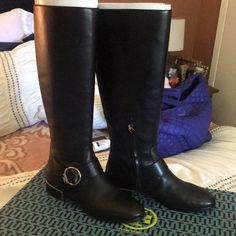 Beautiful Riding Boots. Slip On... Side Zipper Worn Once Round Toe Riding Boots With Buckle Closure, Riding Boots With Buckle Closure And Round Toe, Calf Leather Riding Boots With Round Toe, Medium Width Almond Toe Riding Boots, Tory Burch Shoes, Riding Boots, Side Zipper, Tory Burch, Slip On